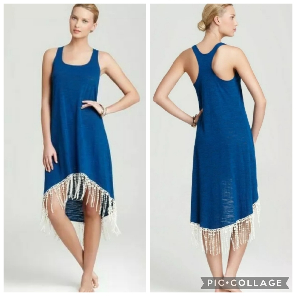 Womens Lucky Brand Pure Spirit Swim Coverup Tank Dress Blue Tassels Fringe XS